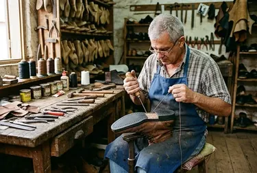Sapateiro consertando solado de sapato com ferramentas em sua bancada.