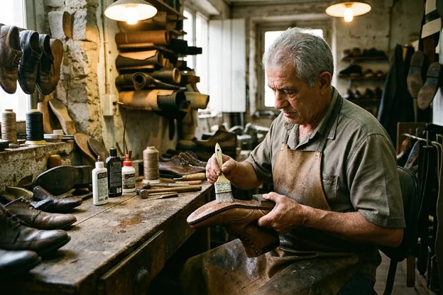 Sapateiro aplicando impermeabilizante em um par de sapatos.