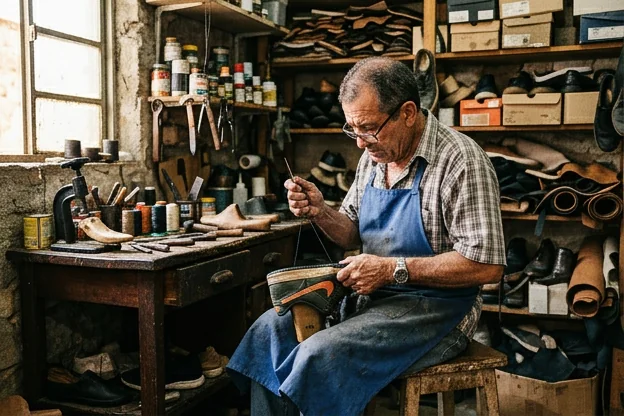 Sapateiro consertando um tênis com ferramentas apropriadas.