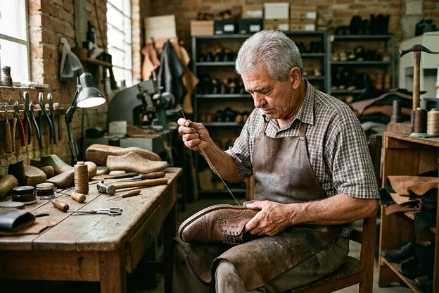 Sapateiro trabalhando na reforma de um sapato, mostrando detalhes.