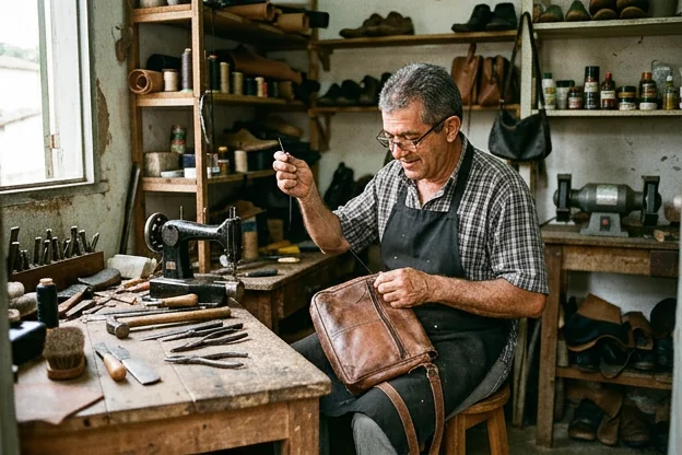 Sapateiro trabalhando na reforma de uma bolsa de couro.