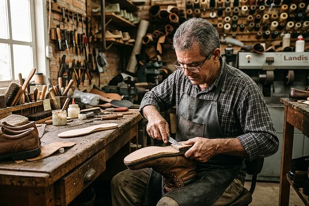 Sapateiro retirando e colocando nova palmilha em um sapato.